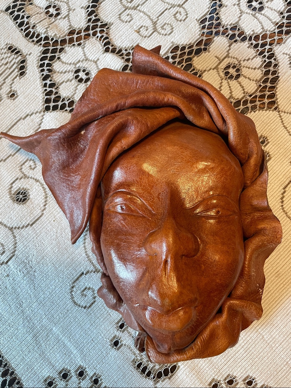 Handcrafted Smaller Brown Leather Wall Mask of Young Woman